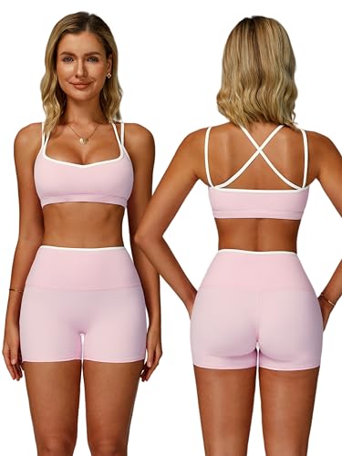 ABOCIW Workout Sets for Women 2 Piece Color Block Strappy Sports Bra High Waist Shorts Gym Yoga Pilates Outfits