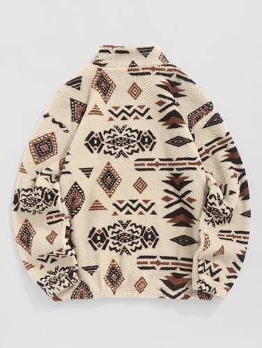 Image of ZAFUL Men 1 /4 Zipper Ethnic Aztec Fleece Unisex Winter Sweatshirt Tops 2026 | Funnel Neck Fluffy Polar Fleece Faux Sherpa Soft Thermal Pullover Kangaroo Pocket Jacket Hoodie Tops