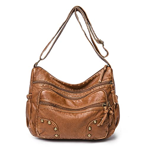 Crossbody Bag for Women Multi Pocket Shoulder Bag Medium Travel Purse Soft Washed Leather Satchel