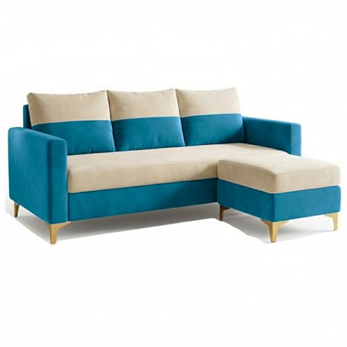 Image of FURNY Canvora 4 Seater L Shape Sofa Set with Movable Ottoman | Flexible Left or Right Layout | Plush Velvet Fabric (Cream-Aqua Blue) | Perfect for Living Room, Guest Room & Office