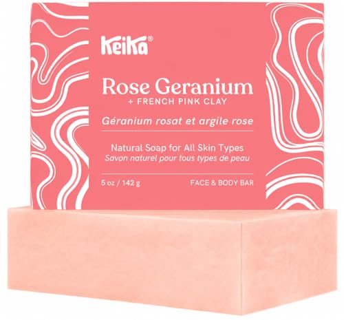 Image of Keika Rose Geranium Soap Bar with French Pink Clay for Face & Body, Natural Balancing Spa Bath & Shower Cleanser, 5 oz.