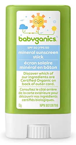 Babyganics Fragrance-Free Sunscreen Stick, SPF 50+ Sunblock with UVA/UVB Protection for Baby’s Skin, Organic, Water-Resistant, & Tear-Free Formula, 13g, Packaging May Vary