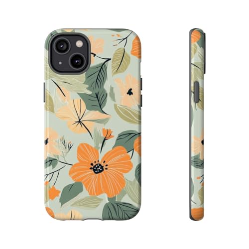 Coque rigide brillante iPhone 14 Plus à motif floral orange et pêche protectrice