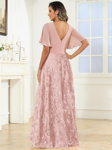 V Neck Mother of The Bride Dresses for Women Half Sleeve Sequin Lace Evening Formal Dress2