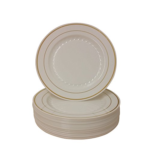9 Inch Plastic Plates Trimmed With Gold. Pack Of 40 Elegant Disposable Dinnerware