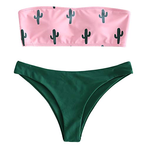 Zaful - Conjunto de bikini de dos piezas para mujer, diseño de cactus Rosa. L