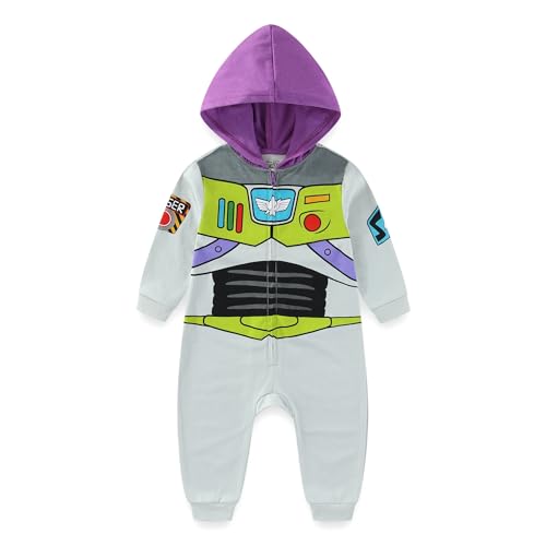 Disney Toy Story Woody or Buzz Lightyear Boys Hooded Romper for Newborn Infant and Toddler Blue/Yellow or White