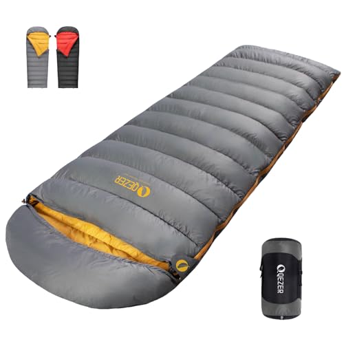 Sac de Couchage QEZER en Duvet pour Adultes, Indice de gonflement 620FP, 0 degré, ultraléger,Sac de Couchage Grand Froid, avec Pochette, pour randonnée,...