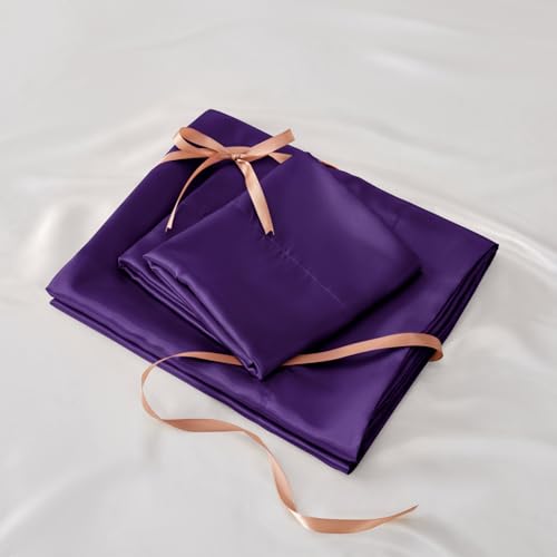 BEDELITE Satin Fitted Sheet and Pillowcases Set, Luxury Soft Similar to Silk Bottom Bedsheet with Elastic Corner Straps, Deep Pocket up to 15 Inch, 1 Fitted Sheet and 2 Pillowcases(Queen, Plum Purple)