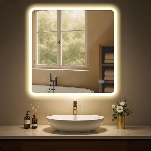 CLP Espejo de baño Jericho con iluminación, Espejo de baño antivaho, Espejo de Pared con luz LED, Regulable, 3 Modos de luz, Tamaño:80x80 cm