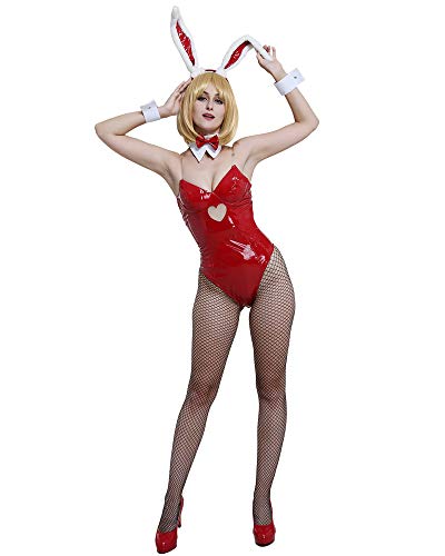 Cosplay.fm Women's Bunny Cosplay Costume Bunny Girl One Piece Bodysuit with Headdress and Bow Accessory (Red, Large)