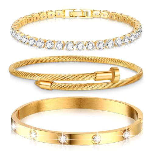 Gold Bracelets for Women,18K Gold Plated Love Bangle Bracelet Set,Crystal Stackable Bangles with Friendship Waterproof,Bracelets Stack Tarnish Free Gold Jewelry Set,Fashion Accessories Gifts