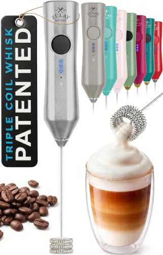 Image of Zulay Kitchen Rechargeable Milk Frother Handheld - Frother Wand, Drink Mixer, Electric Whisk Frother, for Cappuccinos, Matcha & Protein Powder - Dynamic Triple Whisk, 3 Speed 500mAh Silver