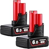 HTongD 12V Ersatzakku für Milwaukee Akku: 6.0Ah Li-ion Werkzeugakku für Milwaukee M12 - Kompatibel M12B 48-11-2411 48-11-2420 48-11-2401 48-11-2402 48-11-2401 (2-Stück)