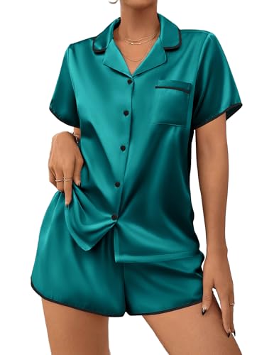 Image of Ekouaer Womens Satin Pajamas Set 2 piece Silky Buttton Down Short Pjs | Silk Notch Collar Top and Soft Shorts Lounge Set for Sleep, Daily Wear, Home, Wedding, Party