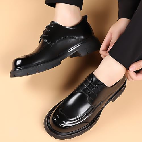 Image of Men's Genuine Leather Platform Chunky Heel Oxford Shoes Classic Casual Lace Up Round Toe Lug Sole Dress Derby Shoes Work Office Business Height-Increasing Shoes