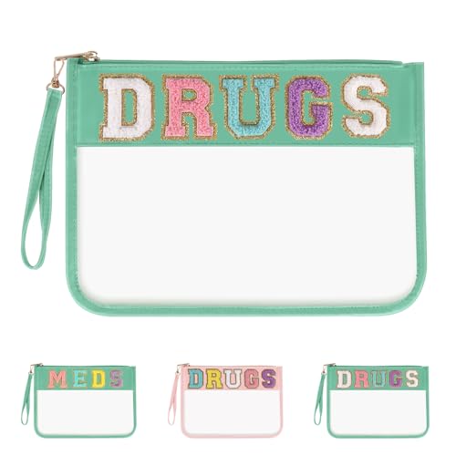 Iqimott Chenille Letter Patch Bag Clear MEDS Drugs Pouch, Preppy Portable Cosmetic Makeup Bag for Women Girls Travel, Waterproof Nylon Zipper Toiletry Medicine Storage Case Stadium Bag(Green, DRUGS)