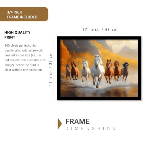 Image of HOTHOUSE Seven Running Vastu Lucky Horse and Rising Sun Painting | 7 Horses Vastu Frame Wall Art Painting for Living Room Bedroom Office Home Decor Wall Decor Size (13X17 inch)