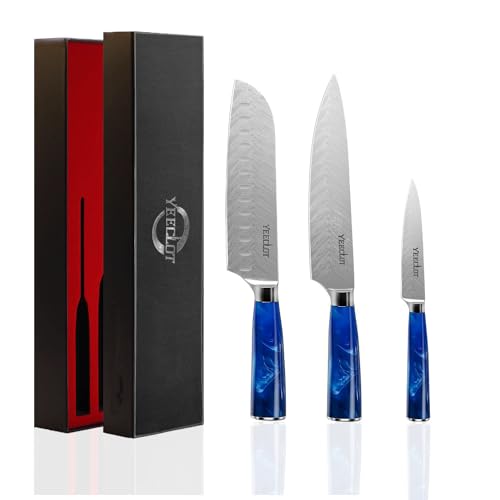 La mejor comparación de Cuchillos puntilla los mejores 10. 41 Juegos de Cuchillos de Cocina 3 Piezas, Yeeclot Cuchillo de chef profesional de estilo japonés, Cuchillo Santoku, Cuchillo para pelar, Nuevo mango de resina azul con caja de...