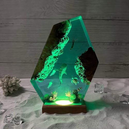 Image of Drawelry Ocean Creative Epoxy Resin Wood Light Lamp, Handmade Multi Color Aquatic Ocean Lamp Deep Sea Cave Diving Enthusiasts Led Night Light Desktop Decor Birthday Gift (Shark and Diver, M)