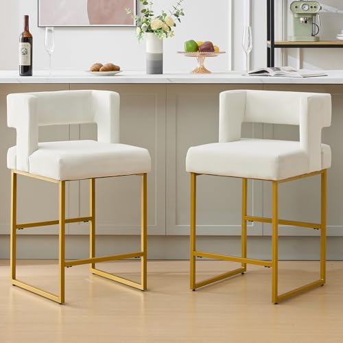 Image of Counter Height Bar Stools Set of 2, White Velvet Bar Chair Gold Leg | 26 inch Seat Height Fits Standard Kitchen Islands, Upholstered Barstools, Back Support, Square Metal Legs, Footrest
