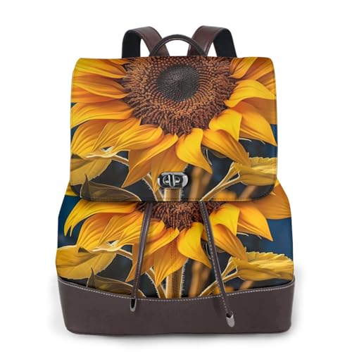 Sac à dos imprimé tournesol noir en cuir pour femme idéal comme sac de voyage compact et pratique