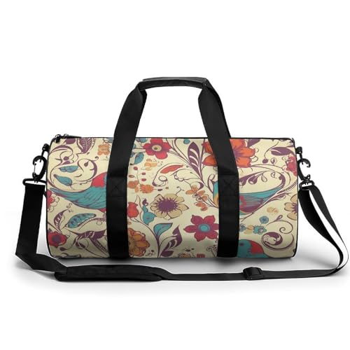 Sac de sport en toile imprimé oiseaux et fleurs blanc avec grand compartiment cylindrique 45cm