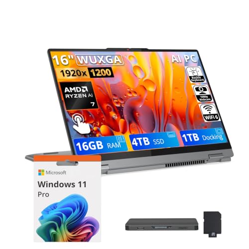 Image of Lenovo Ideapad 5 2-in-1 16 inch WUXGA Touchscreen Laptop, AMD Ryzen 7 8845HS, 16GB LPDDR5X, 5TB Storage (4TB SSD+1TB Docking Station), Copilot+ PC, Backlit Keyboard, Fingerprint, Win 11 Pro, Grey