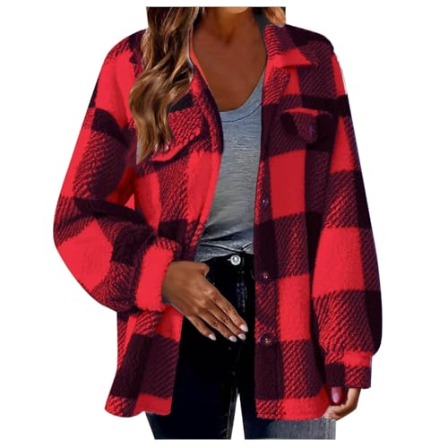 Womens Flannel Shirts Warm Plush Shacket Jackets Button Cardigan Trendy Plaid Fleece Fuzzy Winter Coats Outerwear