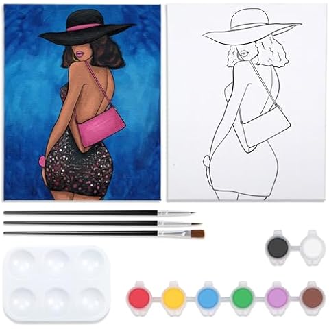 Nuberlic Pre Drawn Canvas for Painting Canvas Painting Kit Elegant Lady Afro Girl Theme Painting Kit DIY Adult Birthday Sip and Paint Party Favor 8x10 inches Cover
