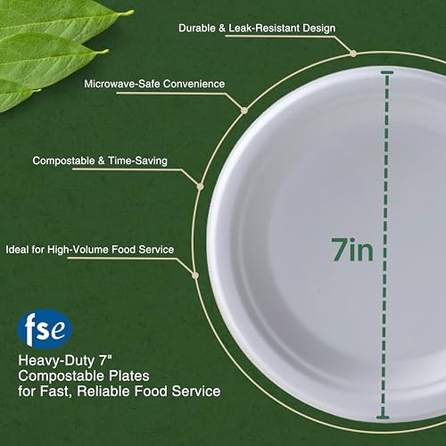 Image of FSE 100% Compostable Round Paper Plates, 7 Inch, Heavy Duty Disposable Plates, Eco-Friendly Unbleached Bagasse, Microwave Safe, (Case of 1000)