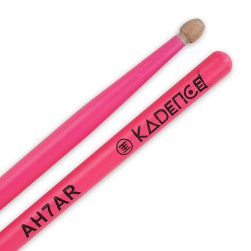 Image of Kadence AH7AR Touring Series Neon 7A Drumsticks | Premium American Hickory Wood | Acorn Tip with Smooth Matte Finish | Includes Protective Plastic Case | Pink