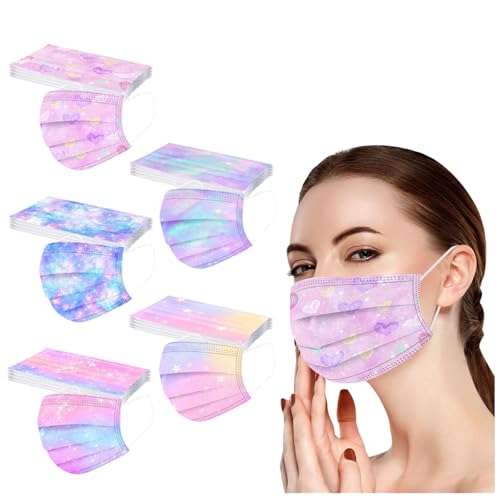 50 Pack Pink Disposable Face Mask, 3 Ply Breathable Cute Printed Face Masks for Adults Women Full Face Protection
