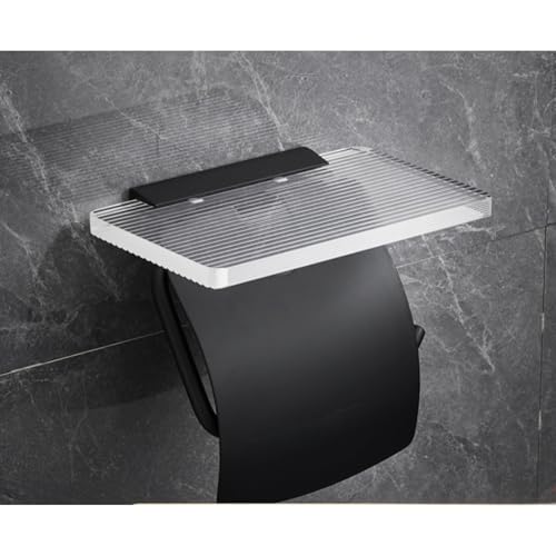 ULOVEJOY ペーパーホルダー トイレ 棚付きトイレットペーパーホルダーパンチロールホルダーなしふた付きトイレットペーパーホルダー自己接着性ウォールマウントスペースアルミ/アクリルトイレットペーパー用 (くろ-A)