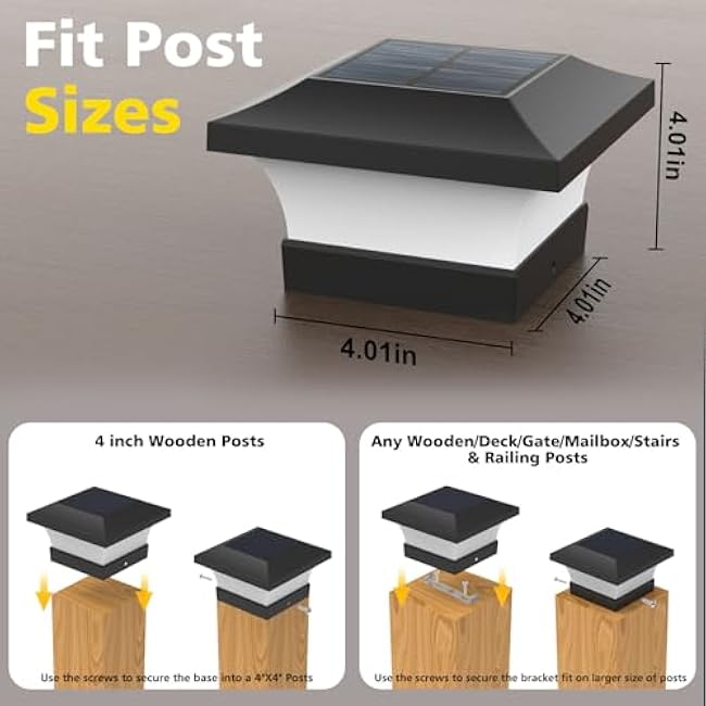 T-SUN Solar Post Lights, Waterproof Outdoor Solar Post Cap Lights for 4X4 Wooden Posts, 6000K Cool White LED Lighting, Deck, Patio Garden Decor or Fence(2 Pack)