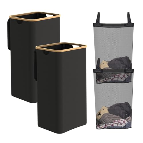 Laundry Basket with lid, Collapsible Laundry Hamper with Bamboo Handle, Dirty Clothes Hampers with Removable Laundry Bag for Clothes Toys Towels (Black, 100L 2 Pack)