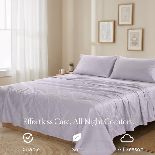 Image of Threadmill Cotton Twin XL Sheet Set | 100% Cotton Sheets for Twin XL Size Bed | Damask Jacquard Sateen Twin XL Bed Sheets Set with 16 inch Deep Pocket | Soft Breathable 3-Piece Cooling Sheet Set | Lilac