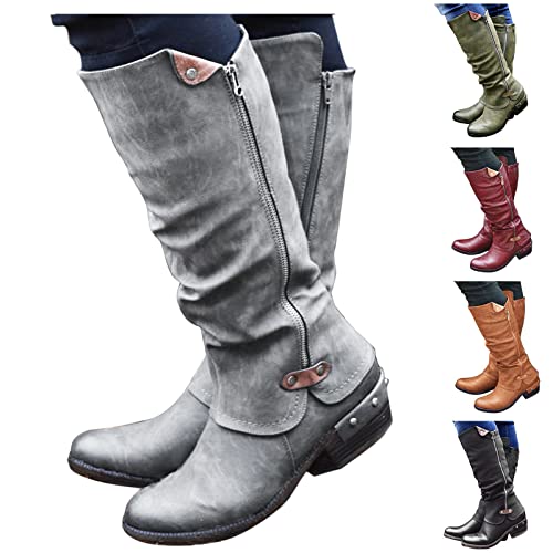 Noldares Boots For Women Chunky Low Heel Wedge Side Zipper Platform Boots Western Studded Round Toe Mid Calf Boots #TOP1