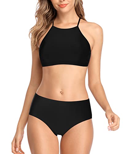 Charmleaks Black Swimwear 2 Piece Women Halter Bikini Swimsuit Crop Bathing Suits S #TOP3
