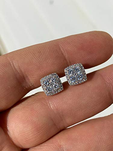 Real Solid 925 Silver Iced Cz Hip Hop Earrings Square Studs Icy #TOP3