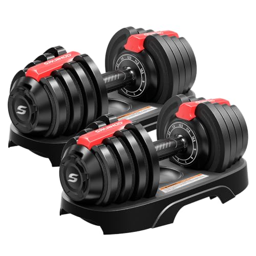 Image of Sparnod Fitness SAD 12.5 Adjustable Dumbbells 12.5kg (Set of 2) with 11 Weight Increments (1.5-12.5kg), One-Hand Quick Adjustment Safety Lock & Storage Rack, Ergonomic Non-Slip Grip, Premium Steel Build