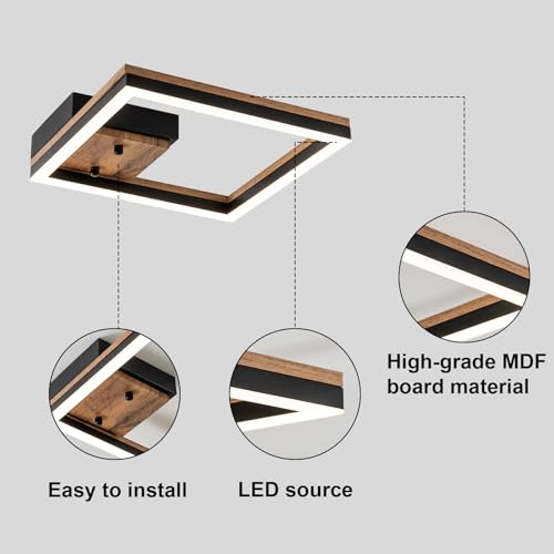Image of Modern Square Led Ceiling Light, Dimmable Wood LED Flush Mount Ceiling Light Fixture, Minimalist Wood Ceiling Lamp for Kitchen, Bedroom, Hallway