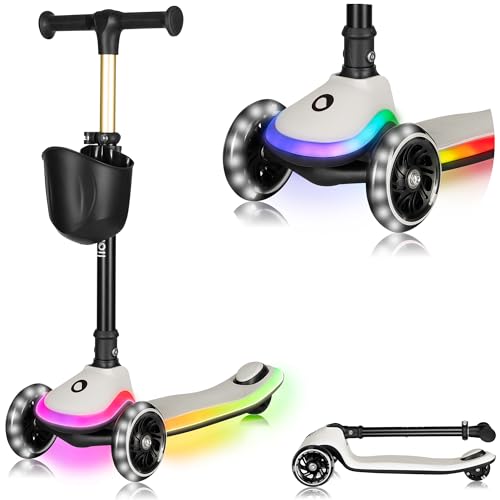 LIONELO MEY Scooter de equilíbrio para crianças de 3 anos a 50 kg, scooter infantil skate de 3 rodas com ajuste de altura, plataforma antiderrapante iluminada e rodas LED, cesta