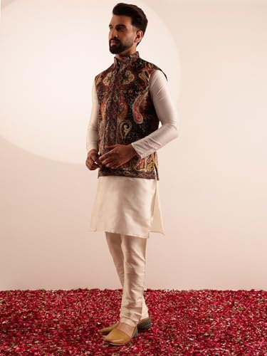 Kurta pyjama en soie et veste Nehru velours homme Sojanya motif cachemire