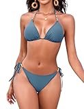 FemiChic Costume da Bagno Donna Due Pezzi Sexy Bikini Triangolo con Reggiseno Imbottito Cinturini Regolabili e Bas Tanga a Vita Bassa per Mare(Bleu Cielo,S)