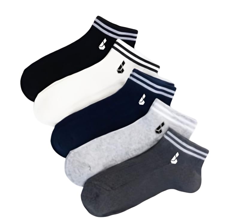 Men's Ankle Socks, Cotton Blend, 5 Pairs, Black white Grey Navy Blue, Regular Fit, Breathable-image-48