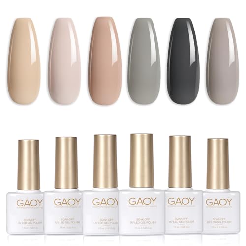 GAOY Nude Gray Brown Gel Nail Polish Set, 6 Colors Neutral White Dark Beige Soak Off Gel Polish Kit for Salon and Nail Art DIY at Home