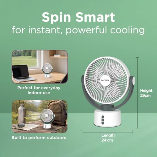 Image of EcoLink Spin Smart Personal Fan (White Grey) | Compact Desk Fan | Powerful Airflow | USB Rechargeable | Quiet Cooling for Home & Office | Pack of 1
