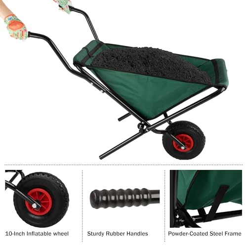 Folding Wheelbarrow - Collapsible Garden Cart with 80lb Capacity, Storage Pouches, and Padded Handles - Wheelbarrows for Lawn Care by Pure Garden (Green) by Pure Garden - Image 4