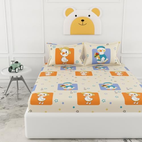 Image of LORETO - A QUALITY LINEN BRAND 186 TC 100% Pure Cotton Double /Queen Fitted Bedsheet with 2 Pillow Covers for 78 x 60 Inch Mattress, All-Around Elastic, 8 Inch Deep Pocket, Playful Ducks